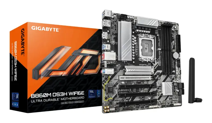 B860M DS3H WIFI6E Placa base - CPUs Intel Core Ultra, VRM de 5+1+2+1 fases, hasta 9066MHz DDR5, 1xPCIe 5.0 + 1xPCIe 4.0 M.2, LAN 2,5 GbE, WIFI 6E, USB 3.2 Gen 2