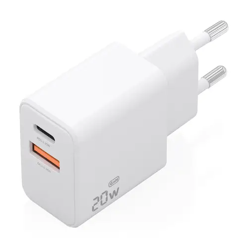 Cargador GaN 20W, 1xUSB-C PD3.0, 1xUSB-A QC3.0, Blanco - Imagen 2