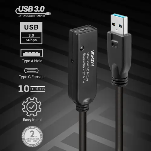 43376 cable USB USB 3.2 Gen 1 (3.1 Gen 1) 10 m USB A USB C Negro - Imagen 4