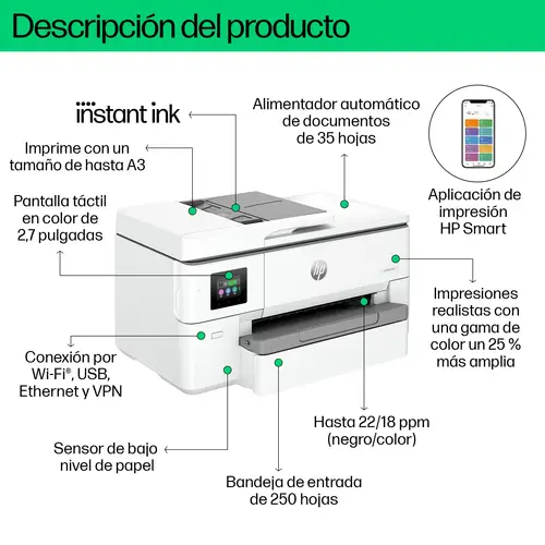 OfficeJet Pro 9720e Inalámbrico All-in-One Color Impresora, Impresión a doble cara  Copiadora y escáner - Imagen 5