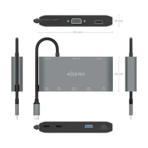 USB-C Dock 8 en 1, USB-C a 1xHDMI, 1xVGA, 1xRJ45, 2xUSB-A, 2xUSB-C 5G, 1xUSB-C PD, Gris, 20 cm - Imagen 4