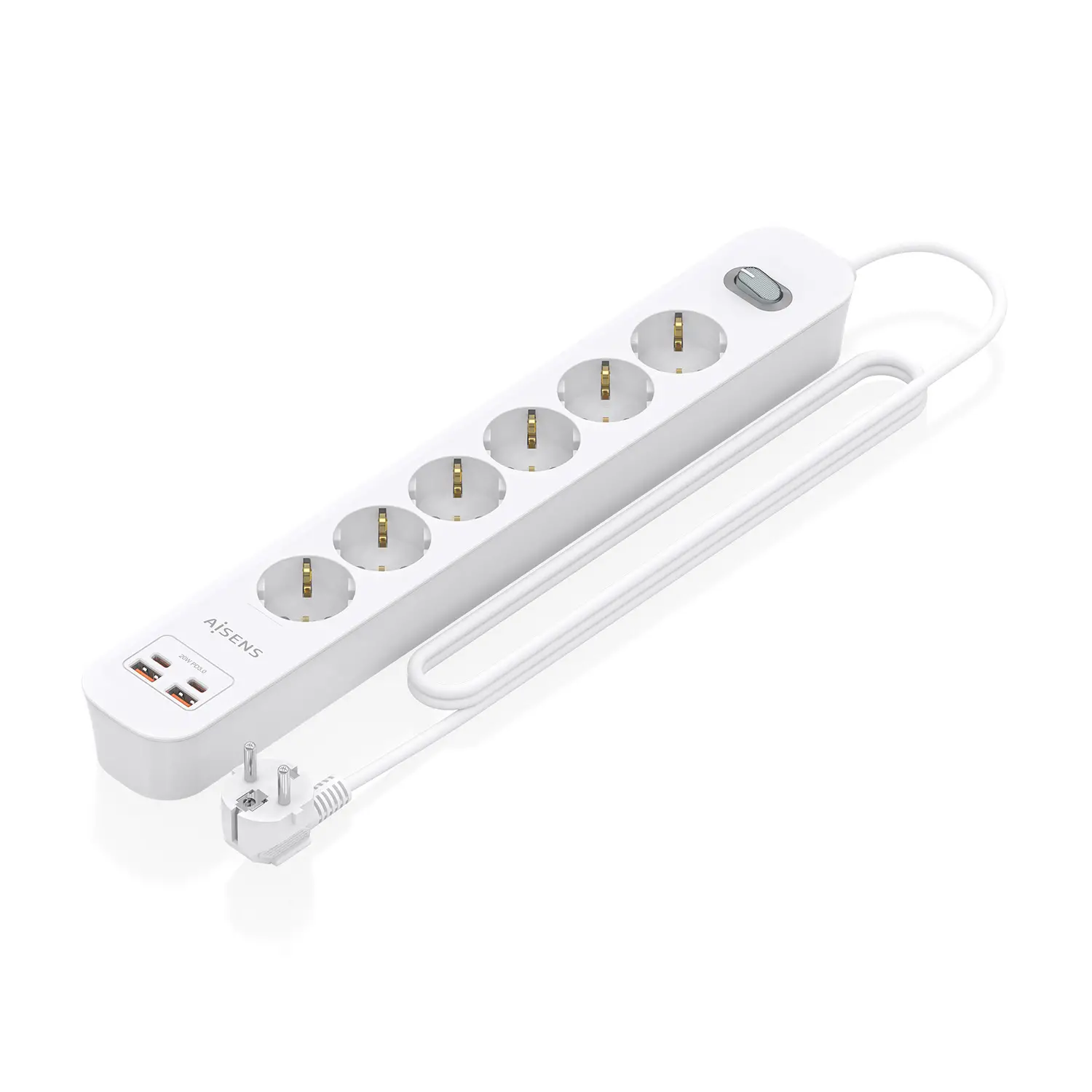 Regleta de Enchufes Multifuncion con 6 Tomas + Cargador PD3.0 20W 2xUSB-C, 2xUSB-A, 1.4m, Blanco