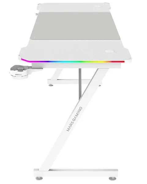 MGD-X160RGB, Mesa Gaming Ergonómica, Iluminación ARGB con Mando, Fibra de Carbono, Alfombrilla XXL, Soporte Auriculares y Bebida, Gestión Cableado, Escritorio Gaming 160x60cm, Blanco