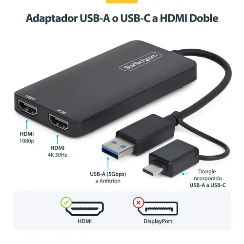 Adaptador de USB a HDMI Doble, USB A/C a 2 Pantallas HDMI (1x 4K30Hz, 1x 1080p), Dongle Integrado USB-A a C, Cable de 11cm, Adaptador USB 3.0 a HDMI, Windows y macOS - Imagen 10