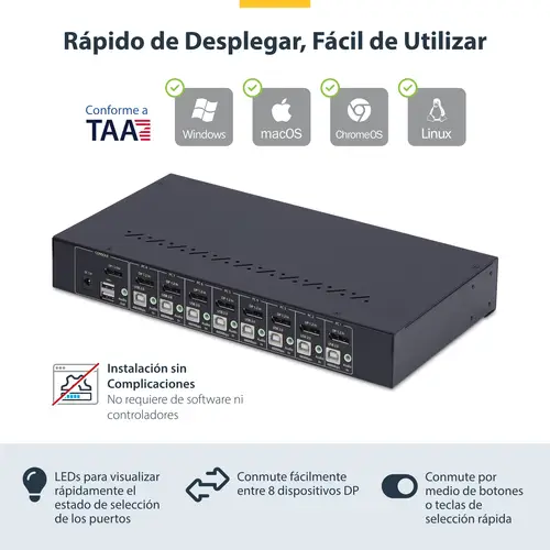 Switch KVM de 8 Puertos DisplayPort 4K 60Hz - Conmutador KVM DP 1.2 4K60 con Kit de Montaje 1U para Rack - con Hub USB de 4 Puertos - Conmutado por Botón y Teclas de Acceso Rápido - TAA - Imagen 7
