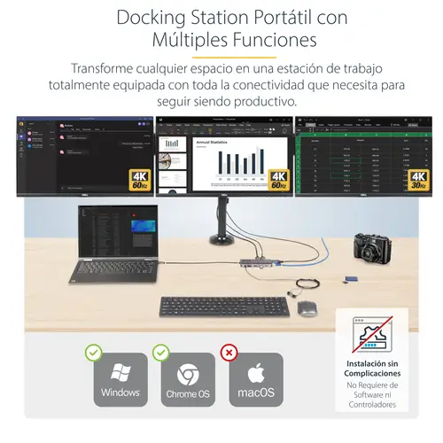 Adaptador Multipuerto USB-C de 3 Monitores HDMI/DP - 4K 60Hz Doble + 4K 30Hz HDMI y DP - Hub 4x USB-A - PD de 100W de Paso - Red Gigabit Ethernet - Lector de Tarjetas SD/MicroSD - Imagen 6