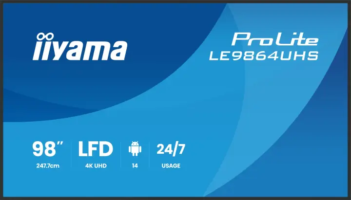 LE9864UHS-B1AG pantalla de señalización Pantalla plana para señalización digital 2,49 m (98") Wifi 500 cd / m² 4K Ultra HD Negro Procesador incorporado Android 24/7