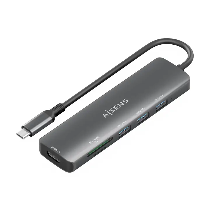 USB-C Dock 6 en 1, USB-C A, 1x HDMI, 3x USB-A, 1x SD, 1x MicroSD, Gris, 15cm