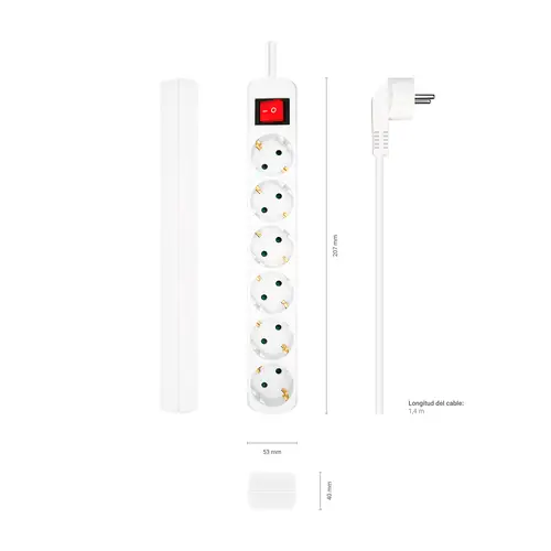 Base Multiple 6 Tomas Con Interruptor Con Cable 3x1.5mm2, Blanco, 1.4m - Imagen 3