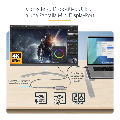 Adaptador USB C a Mini DisplayPort - Convertidor de Vídeo USB Tipo C a mDP/Mini DP a 4K 60Hz - Compatible con Thunderbolt 3 - Cable de 30cm - Versión Mejorada de CDP2MDP - Imagen 4