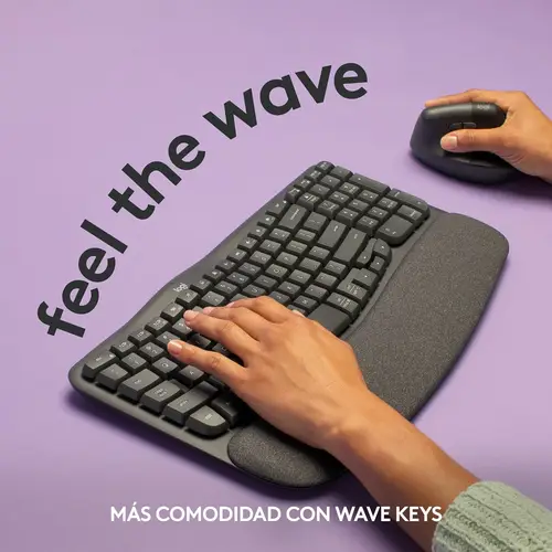 Wave Keys, teclado ergonómico inalámbrico con reposamanos acolchado, escritura cómoda y natural, Easy-Switch, Bluetooth, Logi Bolt, multisistema operativo, Windows/Mac,QWERTY Español, Grafito - Imagen 7