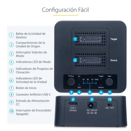 Dock Duplicador Clonador Autónomo 1:1 de Unidad SSD NVMe M.2 - 90GBpm - USB-C 3.2 de 20Gbps - Docking Station USB Tipo C de 2 Bahías - Incluye Cables USB-C/USB-A - Imagen 14