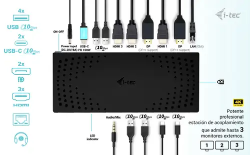 USB 3.0 / USB-C / Thunderbolt, 3x 4K Docking Station Gen 2 + Power Delivery 100W - Imagen 7