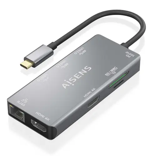 USB-C Dock 9 En 1, USB-C a 2xHDMI, 1xRJ45, 2xUSB-A USB3.0, 1xUSB-A USB2.0, 1xUSB-C PD, 1xSD, 1xMicro SD, Gris, 15cm - Imagen 1