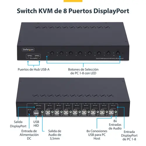 Switch KVM de 8 Puertos DisplayPort 4K 60Hz - Conmutador KVM DP 1.2 4K60 con Kit de Montaje 1U para Rack - con Hub USB de 4 Puertos - Conmutado por Botón y Teclas de Acceso Rápido - TAA - Imagen 6