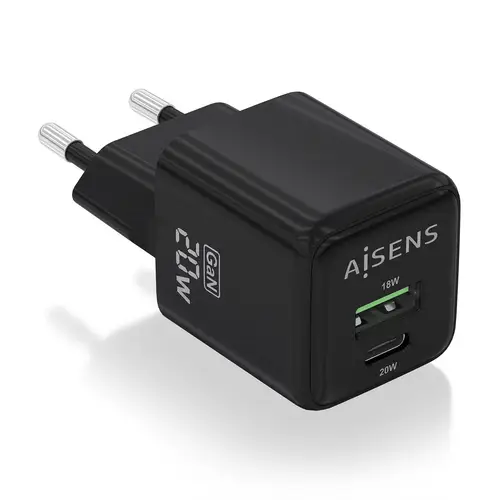 Cargador GaN 20W, 1xUSB-C PD3.0 QC4.0, 1xUSB-A QC3.0, Negro - Imagen 1