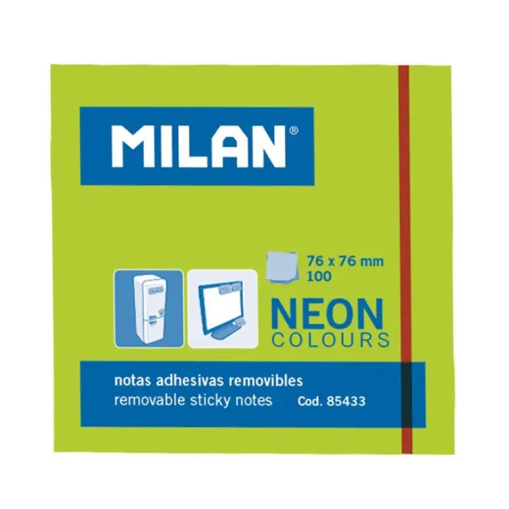 MILAN BLOC NOTAS ADHESIVAS 100 HOJAS 76X76MM VERDE NEÓN -10U-