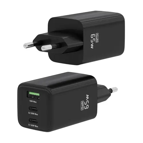 Cargador Gan 65W, 2xUSB-C PD3.0 QC4.0, 1xUSB-A QC3.0, Negro - Imagen 3