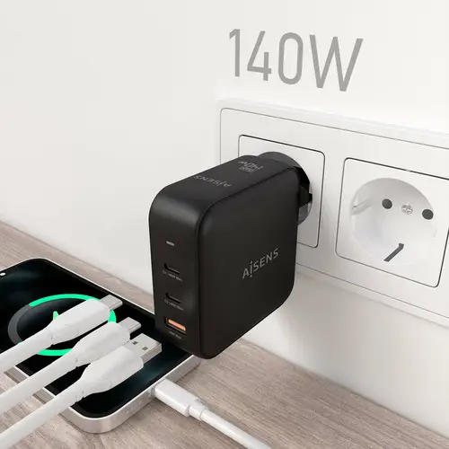 Cargador GaN 140W, 2xUSB-C PD3.1 QC4.0, 1xUSB-A QC3.0, Negro - Imagen 5