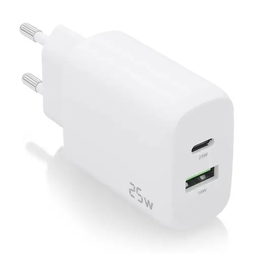 Cargador 25W, 1xUSB-C PD3.0, 1xUSB-A QC3.0, Blanco - Imagen 1