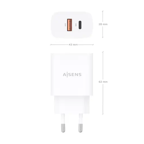 Cargador GaN 30W, 1xUSB-C PD3.0 QC4.0, 1xUSB-A QC3.0, Blanco - Imagen 4
