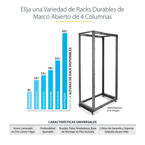 Rack 12U Móvil de Marco Abierto de 4 Columnas para Servidores - Rack de Cuatro Columnas de 19 Pulgadas para Equipo de Red e Informático - Ruedas o Patas Niveladoras - Imagen 10
