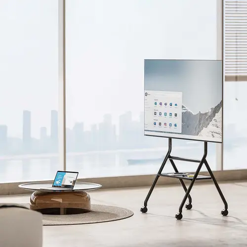Soporte de suelo eco con rueda, 1 bandeja para pantalla interactiva/TV 80kg de 37-86, Negro - Imagen 5