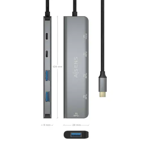 Hub USB 3.2 Gen1 5G USB-C, USB-C/M-1xUSB-C PD100W/H-1xUSB-C/H-3xUSB-A/H, Gris, 15cm - Imagen 4