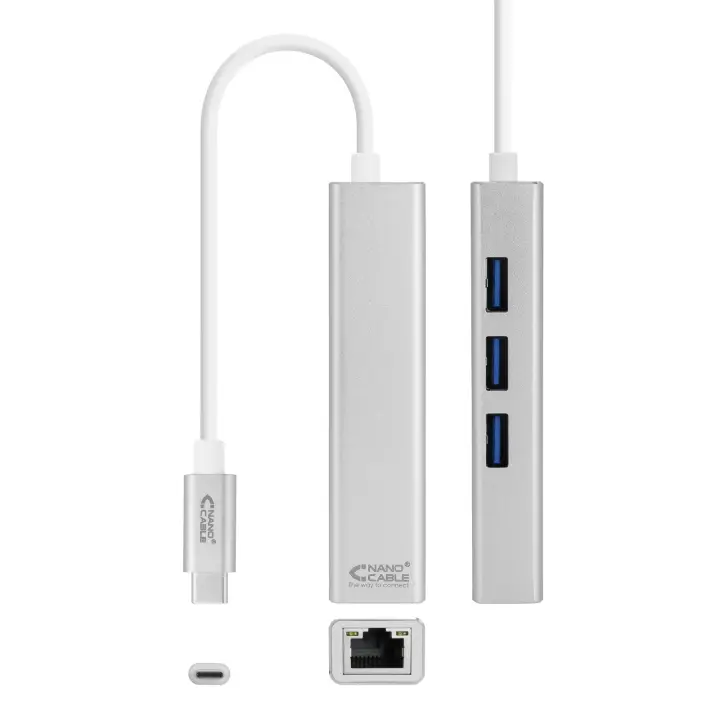 Conversor USB-C a Ethernet Gigabit + 3xUSB 3.0, Plata, 15 cm