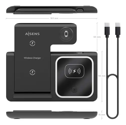 Cargador Inalambrico USB-C 3 En 1 De 15W Para Movil, Apple Watch, Ariculares Con Estuche De Carga, Negro - Imagen 4
