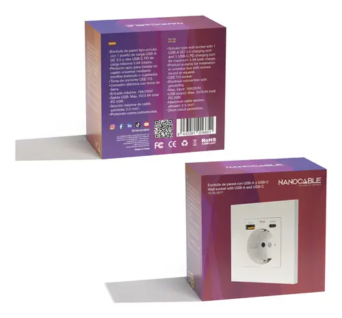 Base de enchufe de pared tipo schuko con 1xUSB-A QC 3.0 + 1xUSB-C PD - Max. 3.4A, Blanco - Imagen 8