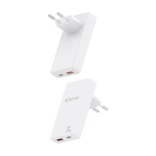 Cargador De Pared GaN Ultra Delgado 65W, 1xUSB-C PD3.0 QC4.0, 1xUSB-A QC3.0, Blanco - Imagen 3