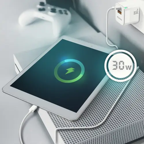 Cargador Gan 30W, 1xUSB-C PD3.0 QC4.0, 1xUSB-A QC3.0, Blanco - Imagen 6