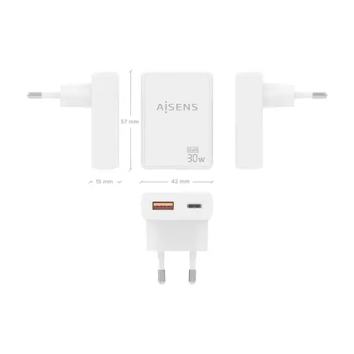 Cargador De Pared GaN Ultra Delgado 30W, 1xUSB-C PD3.0 QC4.0, 1xUSB-A QC3.0, Blanco - Imagen 4