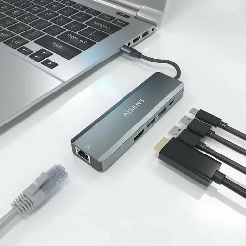 USB-C Dock 5 en 1, USB-C a 1xHDMI, 1xRJ45, 2xUSB, 1xPD, Gris, 15 cm - Imagen 6