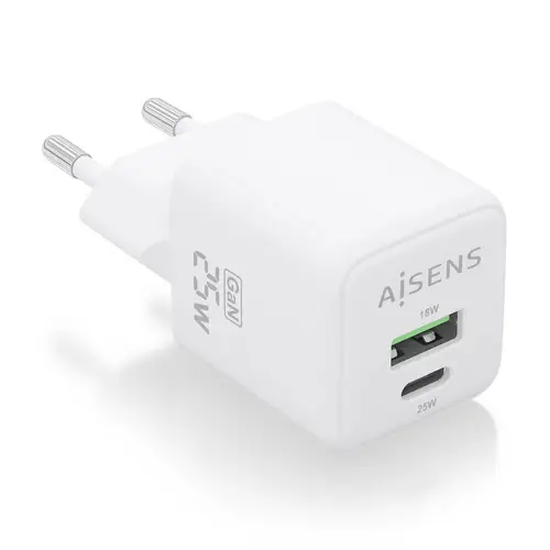 Cargador GaN 25W, 1xUSB-C PD3.0 QC4.0, 1xUSB-A QC3.0, Blanco - Imagen 1
