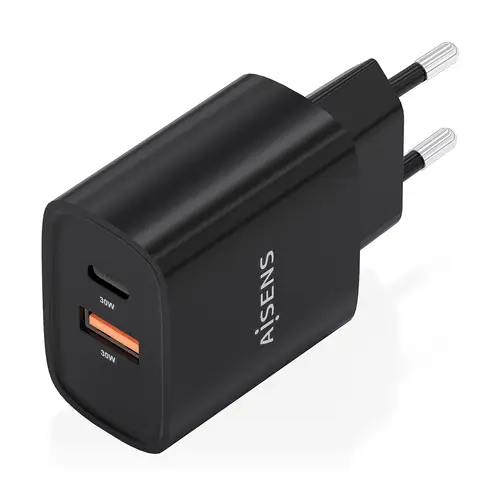 Cargador GaN 30W, 1xUSB-C PD3.0 QC4.0, 1xUSB-A QC3.0, Negro - Imagen 2