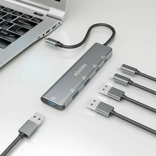 Hub USB 3.2 Gen1 5G USB-C, USB-C/M-1xUSB-C PD100W/H-1xUSB-C/H-3xUSB-A/H, Gris, 15cm - Imagen 5