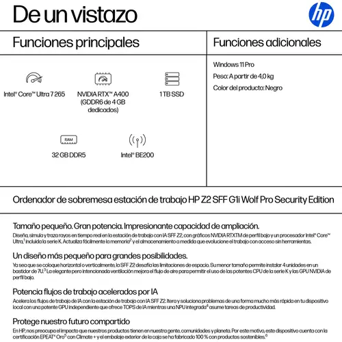 None Intel Core Ultra 7 265 32 GB DDR5-SDRAM 1 TB SSD NVIDIA RTX A400 Windows 11 Pro SFF Puesto de trabajo AI Workstation, AI PC Negro - Imagen 3