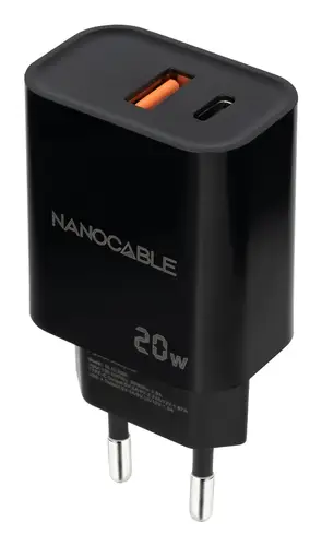 Cargador USB-C/PD + USB-A/QC 20W, Negro - Imagen 1
