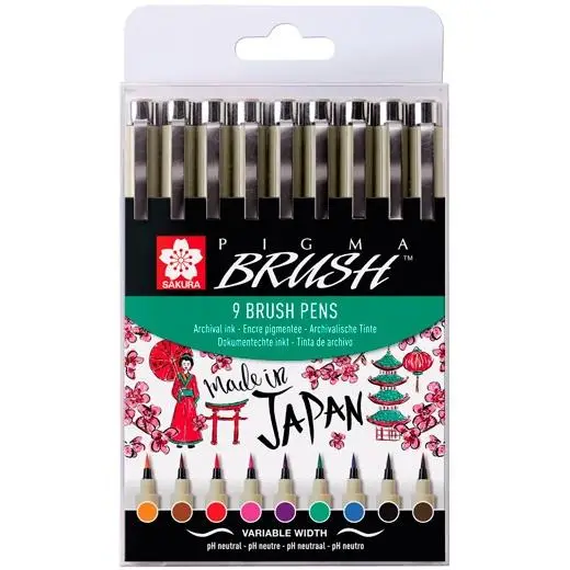 TALENS SAKURA ESTUCHE 9 ROTULADORES PUNTA PINCEL PIGMA BRUSH PENS COLORES SURTIDOS