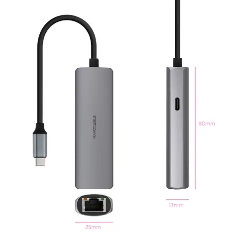 Adaptador USB-C 3.1 a RJ45, con PD 100W, USB-C/M, Aluminio, Color Gris, 18 cm - Imagen 2