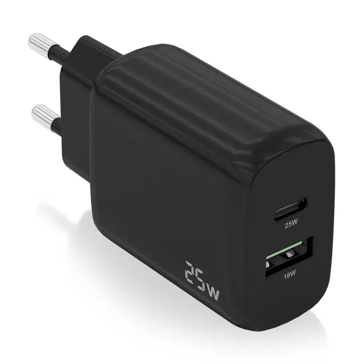 Cargador 25W, 1xUSB-C PD3.0, 1xUSB-A QC3.0, Negro