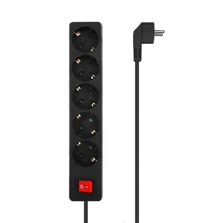 Base Multiple 5 Tomas con Interruptor con Cable 3×1.5mm2, Negro, 1.4 m