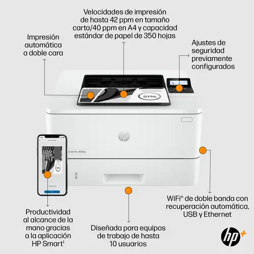 LaserJet Pro Impresora HP 4002dwe, Blanco y negro, Impresora para Pequeñas y medianas empresas, Estampado, Conexión inalámbrica  HP+  Compatible con HP Instant Ink  Impresión desde el teléfono o tablet - Imagen 6