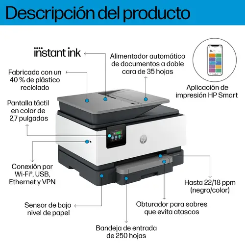 OfficeJet Pro 9120e Inalámbrico All-in-One Color Impresora, Servicio Instant Ink  Impresión a doble cara - Imagen 4