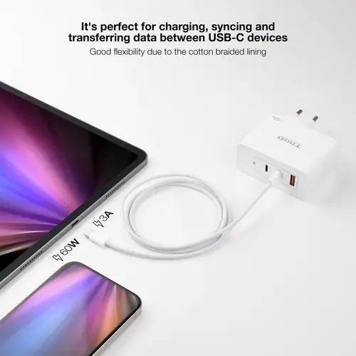 Cable USB-C 2.0 60W 3A, USB-C/M-USB-C/M, Blanco, 1 m - Imagen 6