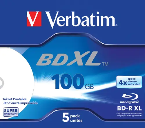 Paquete de cinco en caja Jewel con área de impresión ancha para impresoras de inyección de tinta 4x 100 GB* BD-R XL - Imagen 1