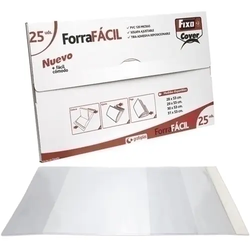 GRAFOPLÁS FORRO LIBROS PVC 120 MICRAS SIN ADHESIVO SOLAPA AJUSTABLE 300X530MM TRANSPARENTE ENVASE DE 25