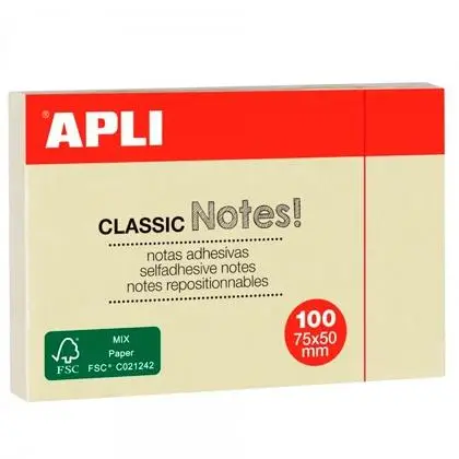 APLI NOTAS ADHESIVAS CLASICAS 75X50MM BLOC 100H AMARILLO -12U- - Imagen 1